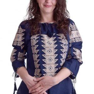 Bluza traditionala albastra cu motiv geometric crem Corina