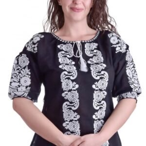 Bluza traditionala neagra cu motiv floral alb Zoe