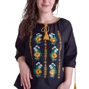 Bluza traditionala neagra cu motiv floral galben Anemona
