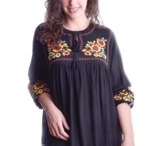 Bluza traditionala neagra cu motiv floral multicolor Ingrid 01