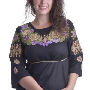 Bluza traditionala neagra cu motiv floral multicolor Leila 02