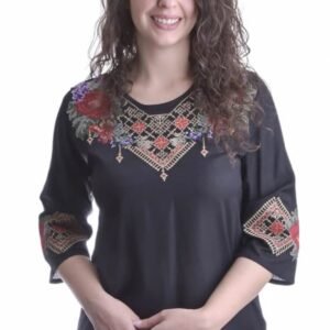 Bluza traditionala neagra cu motiv floral rosu Iris 04