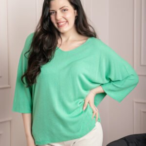 Bluza tricotata verde turcoaz cu maneci liliac