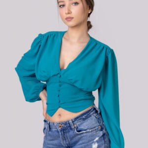 Bluza turcoaz cu maneci bufante
