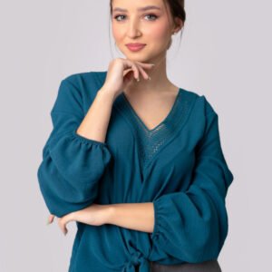 Bluza turcoaz cu nod in talie