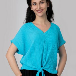 Bluza turcoaz deschis casual cu aspect texturat si nod in talie