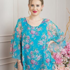 Bluza turcoaz din voal cu imprimeu floral si maneci fluture