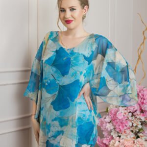 Bluza turcoaz din voal cu maneci largi si imprimeu floral