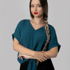 Bluza turcoaz inchis casual cu aspect texturat si nod in talie