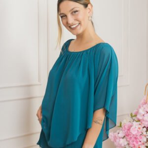 Bluza turcoaz inchis din voal cu maiou plisat