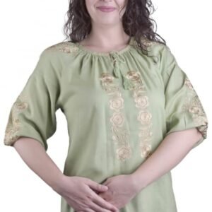 Bluza verde cu motiv floral auriu Iasmina 01