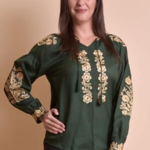 Bluza verde cu motiv floral auriu Iasmina 05 - maneca lunga