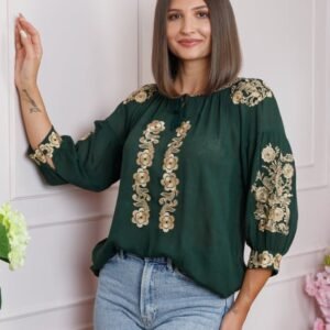 Bluza verde cu motiv floral auriu Iasmina 05 - maneca scurta