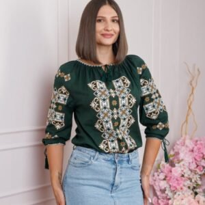 Bluza verde cu motiv floral crem Codrina