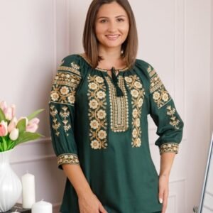 Bluza verde cu motiv floral crem Iolanda 01