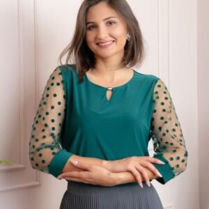 Bluza verde dama Bridget cu maneci transparente cu buline