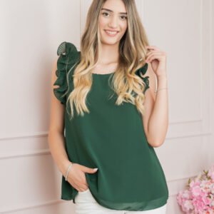 Bluza verde din voal cu volane la umeri