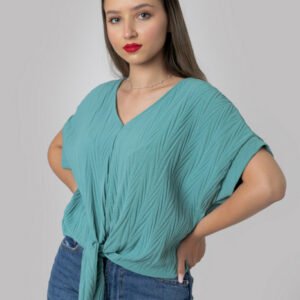 Bluza verde mint casual cu aspect texturat si nod in talie