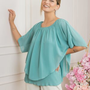 Bluza verde mint din voal cu maiou plisat