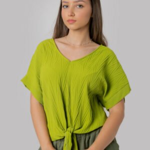Bluza verde praz casual cu aspect texturat si nod in talie