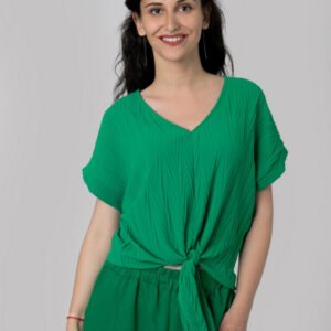 Bluza verde smarald casual cu aspect texturat si nod in talie