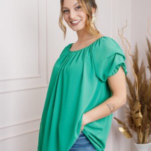 Bluza verde smarald din voal cu maneci bufante