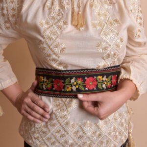 Brau traditional negru cu motiv floral multicolor Maria