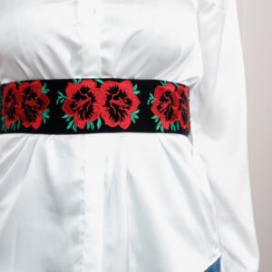 Brau traditional negru cu motiv floral rosu Florenta 02