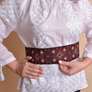 Brau traditional negru cu motiv geometric multicolor Gabriela
