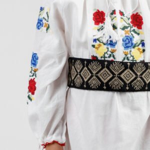 Brau traditional negru pentru fetite cu motiv geometric crem Flavia