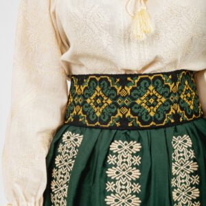 Brau traditional verde cu motiv floral galben Cecilia