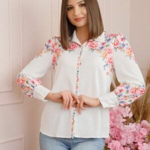Camasa alba Felicity cu imprimeuri florale roz