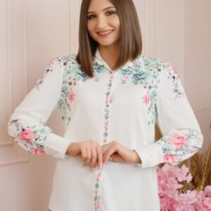 Camasa alba Felicity cu imprimeuri florale turcoaz