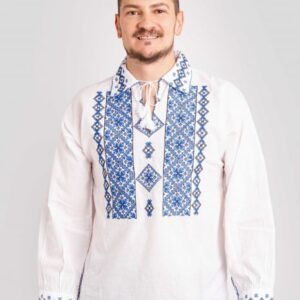 Camasa barbateasca traditionala alba cu motiv floral albastru Codin