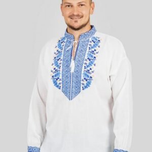 Camasa barbateasca traditionala alba cu motiv floral albastru Dominic 02