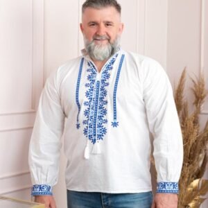 Camasa barbateasca traditionala alba cu motiv floral albastru Dragos