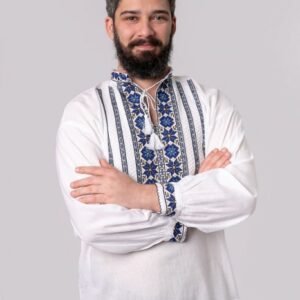 Camasa barbateasca traditionala alba cu motiv floral albastru Felix