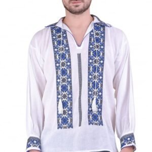 Camasa barbateasca traditionala alba cu motiv floral albastru Gabriel 03