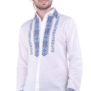 Camasa barbateasca traditionala alba cu motiv floral albastru Ioan 02