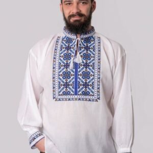Camasa barbateasca traditionala alba cu motiv floral albastru Iosif 01