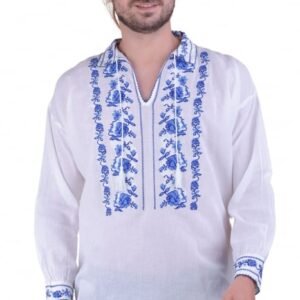 Camasa barbateasca traditionala alba cu motiv floral albastru Liviu 01
