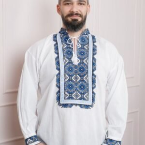 Camasa barbateasca traditionala alba cu motiv floral albastru Nicolas