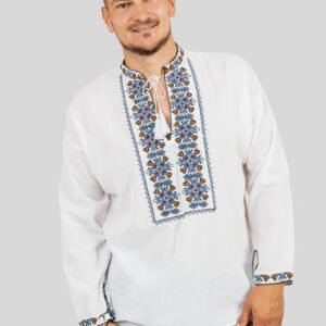 Camasa barbateasca traditionala alba cu motiv floral albastru Rafael