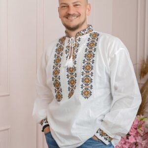 Camasa barbateasca traditionala alba cu motiv floral crem Marc