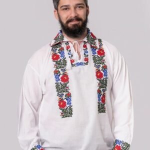 Camasa barbateasca traditionala alba cu motiv floral multicolor Dacian