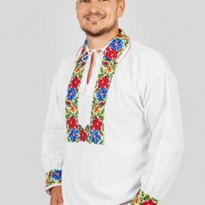 Camasa barbateasca traditionala alba cu motiv floral multicolor Florian