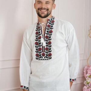 Camasa barbateasca traditionala alba cu motiv floral multicolor Mateo
