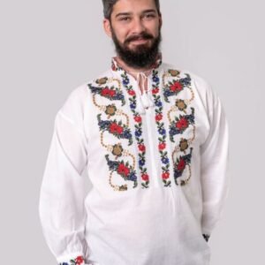Camasa barbateasca traditionala alba cu motiv floral multicolor Narcis