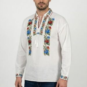 Camasa barbateasca traditionala alba cu motiv floral multicolor Sergiu