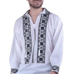 Camasa barbateasca traditionala alba cu motiv floral negru Gabriel 02